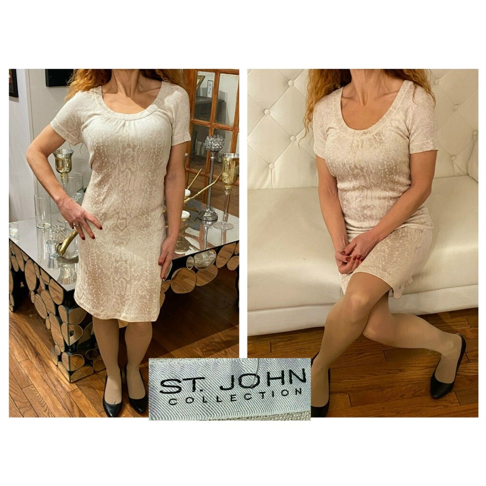 St John Collection Snakeskin Print Beige Short Sleeve Santana Knit Shift Dress 4